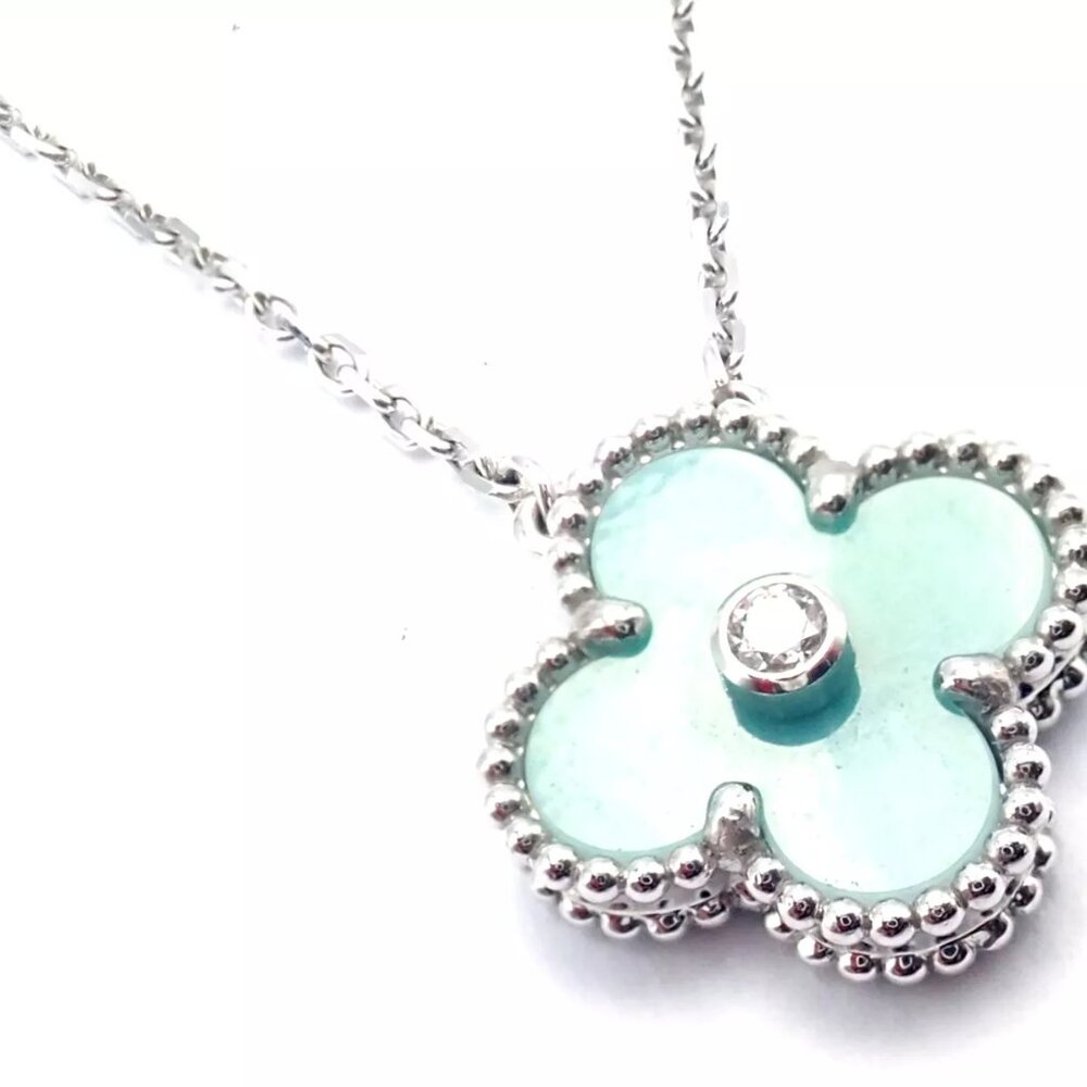Van Cleef &Arpels Celadon Sèvres Porcelain Diamond 18k Vintage Alhambra Necklace - Picture 4 of 13